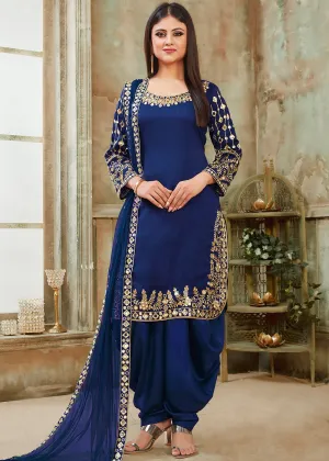 Blue Art Silk Mirror Work Patiala Suit