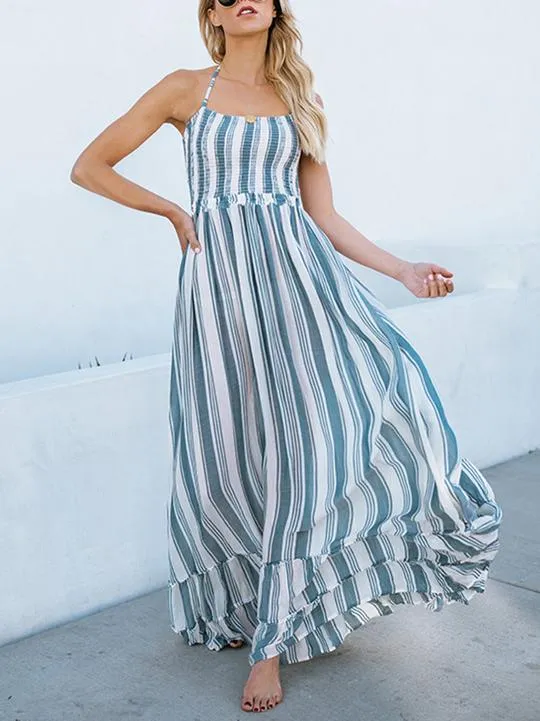 Blue Backless Striped Maxi Dress