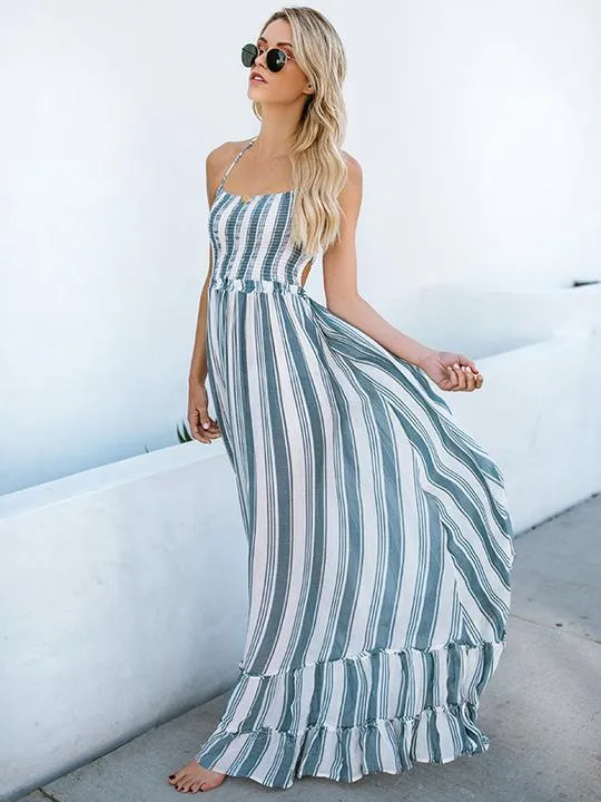 Blue Backless Striped Maxi Dress