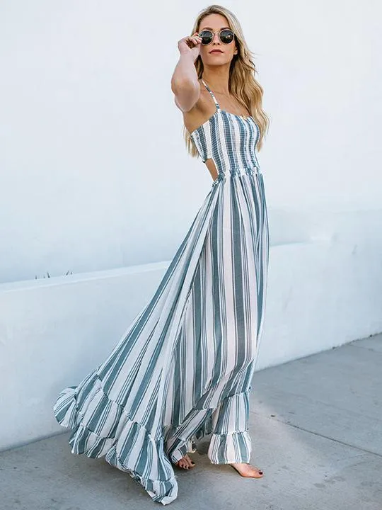 Blue Backless Striped Maxi Dress