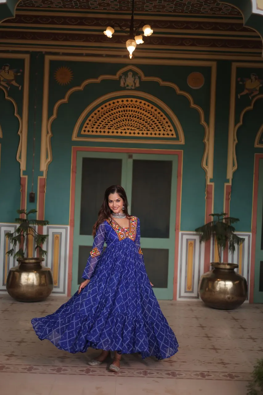 Blue Bandhani Print Faux Georgette Gown with Kutchi Patchwork