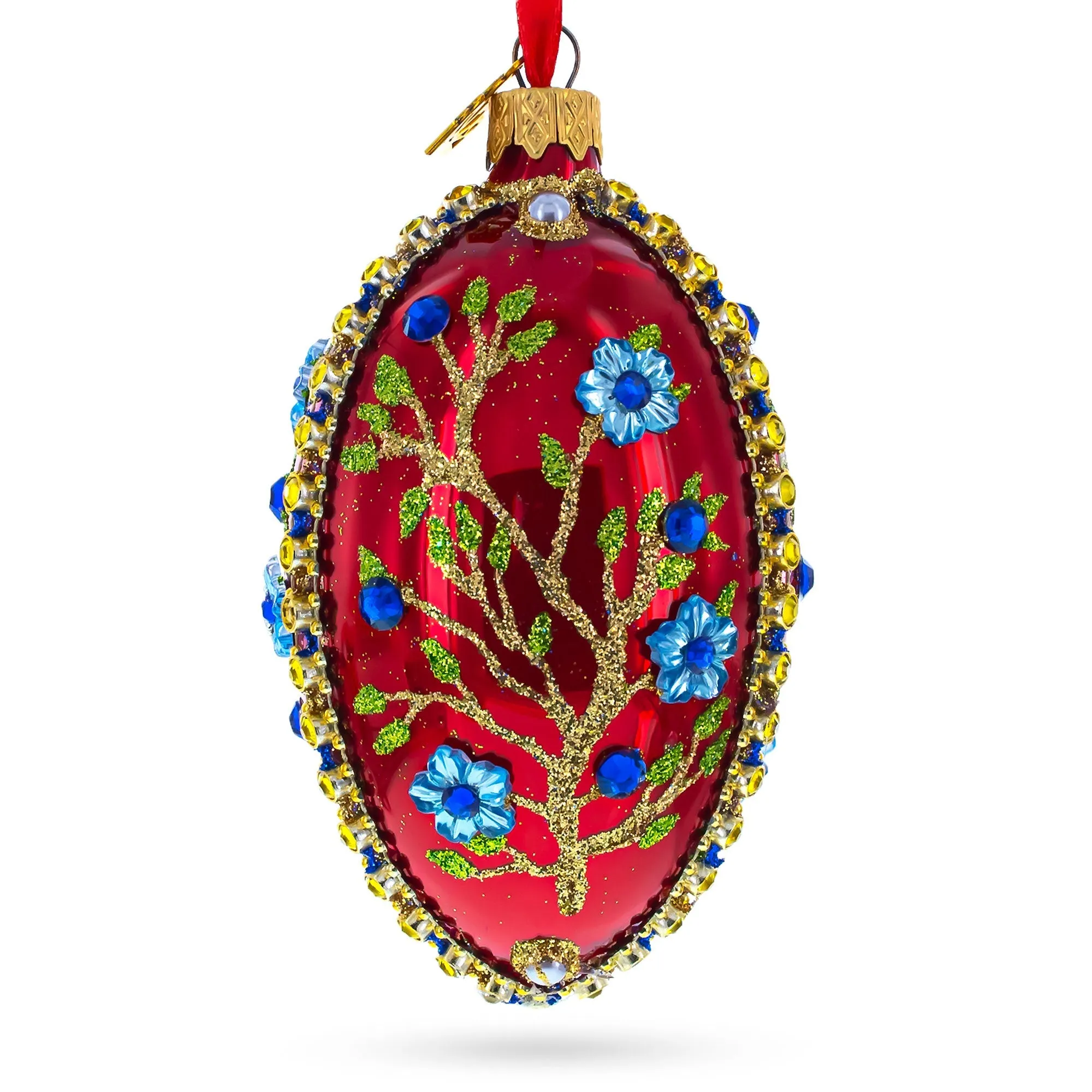 Blue Bejeweled Flowers On Red Glass Egg Ornament 4 Inches