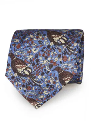 Blue birds vintage design printed silk hand made tie