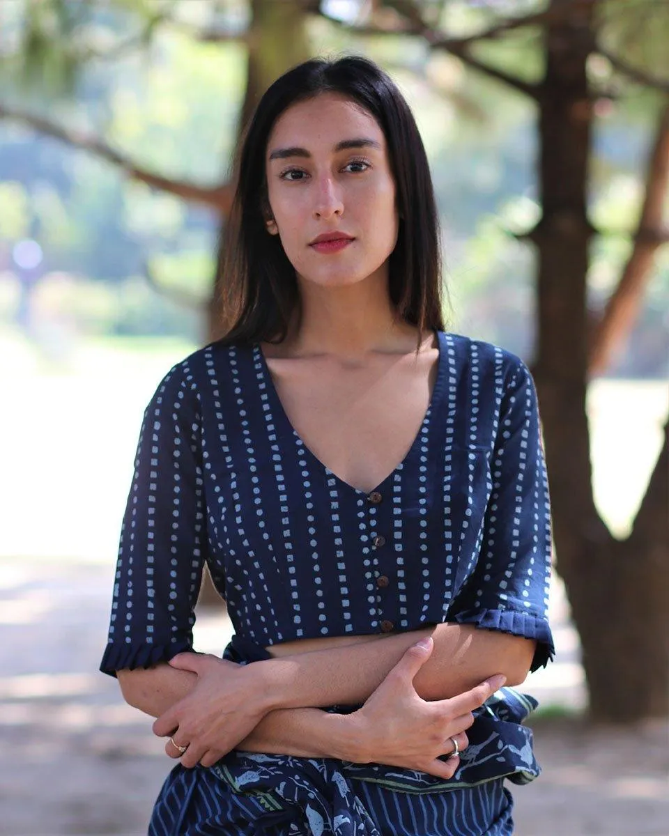 Blue Blockprinted Crop Top Cotton Blouse