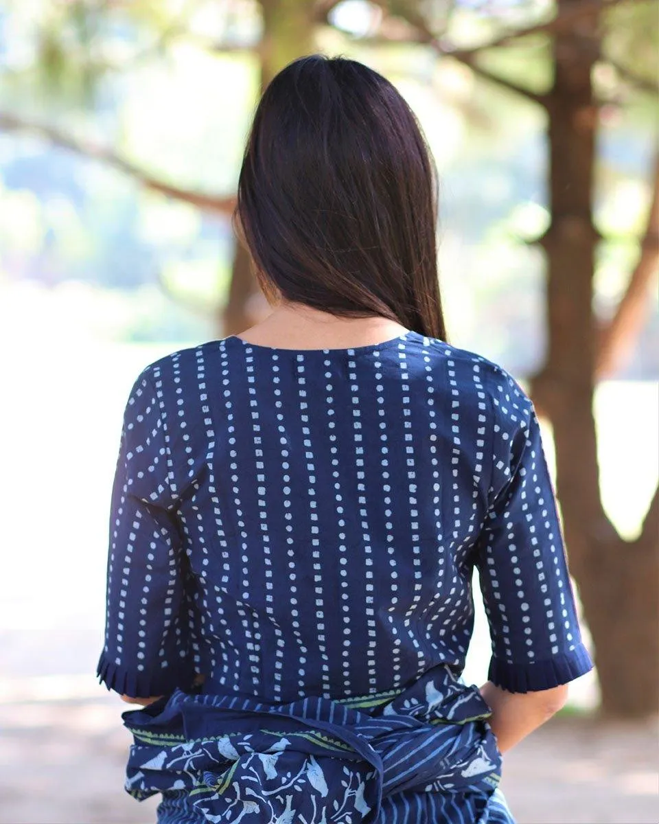 Blue Blockprinted Crop Top Cotton Blouse