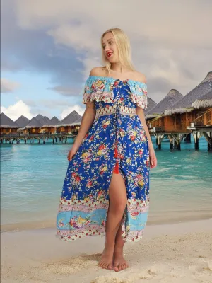 Blue Bohemian Gypsy Hippy Floral Dress