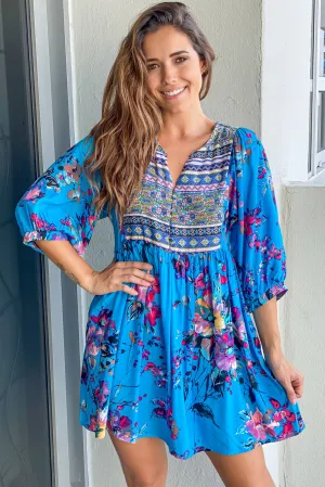 Blue Boho Floral Printed Short Dress