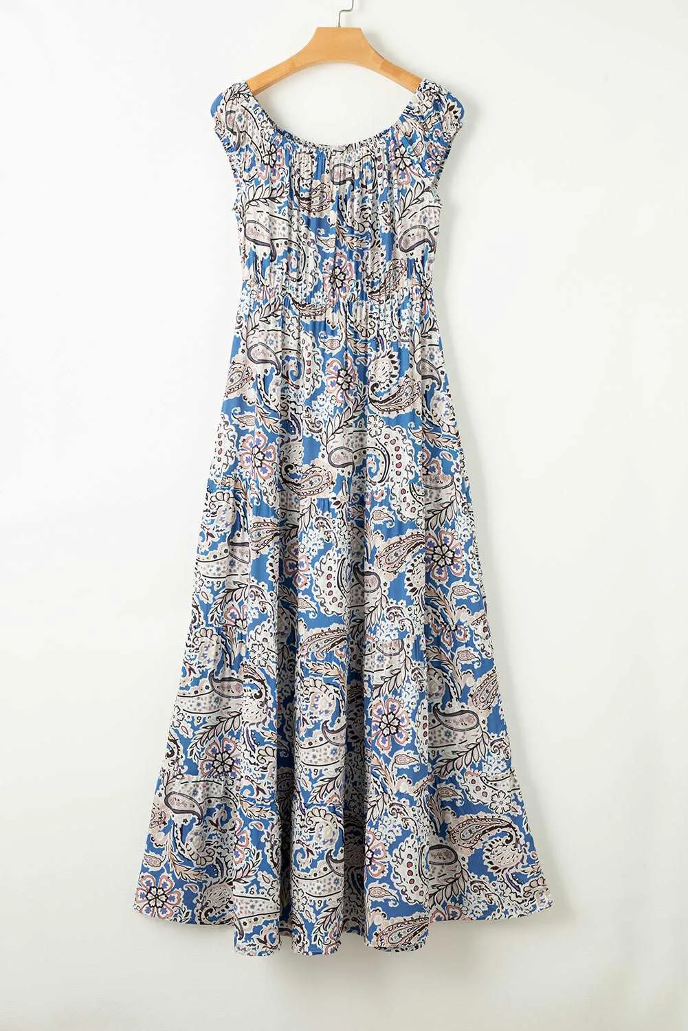 Blue Boho Paisley Print Off Shoulder Maxi Dress