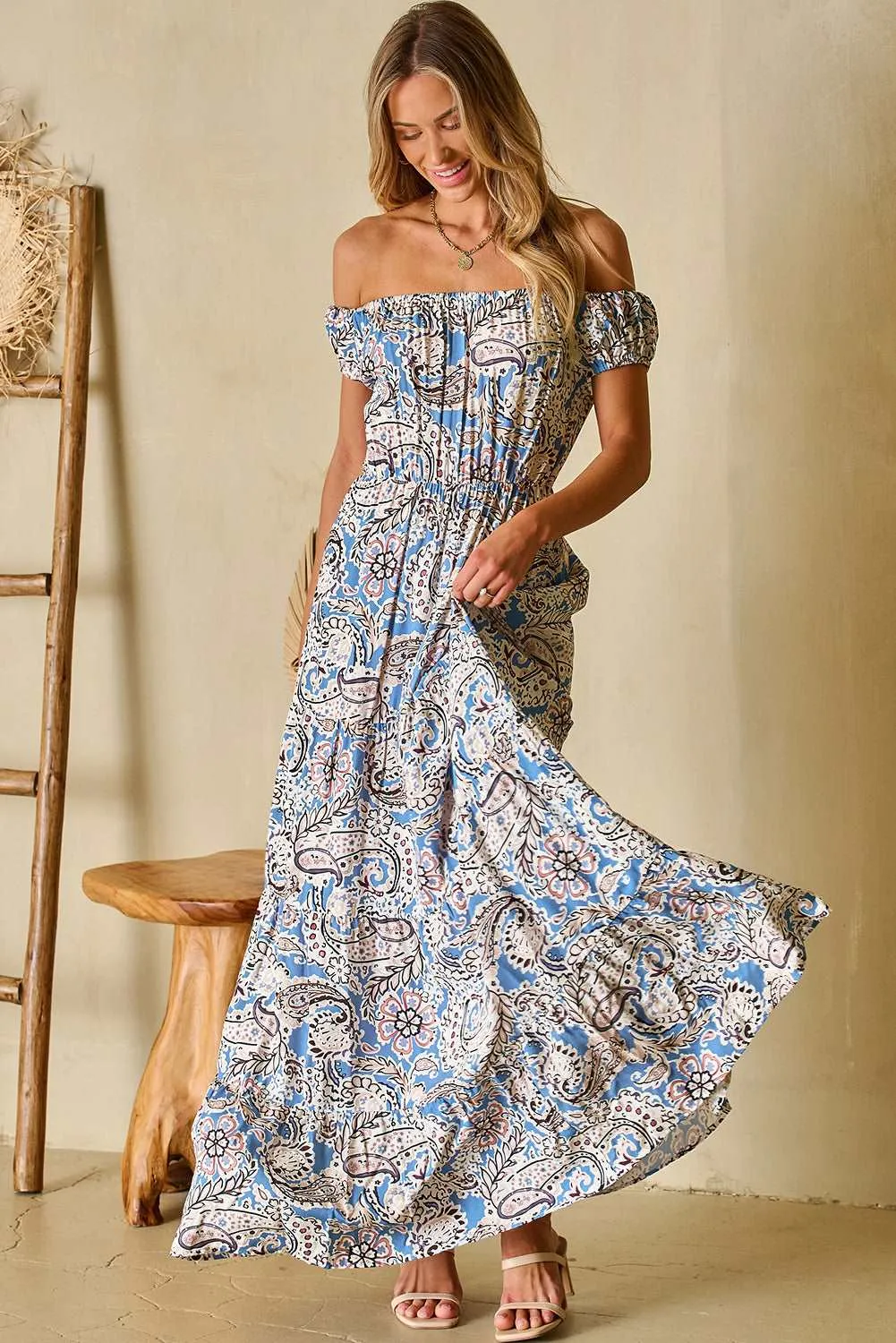 Blue Boho Paisley Print Off Shoulder Maxi Dress