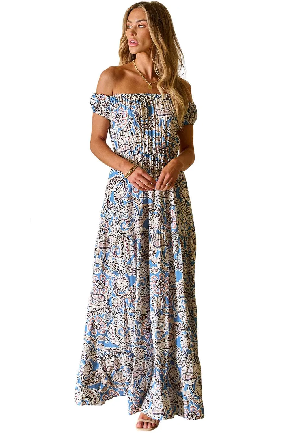 Blue Boho Paisley Print Off Shoulder Maxi Dress