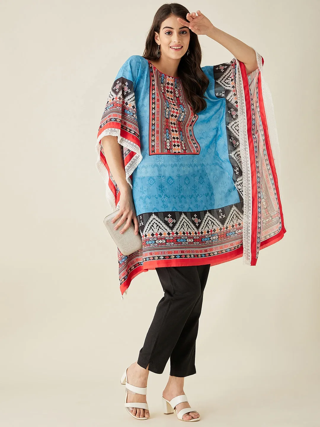 Blue Boho Printed Kaftan Kurta - The Kaftan Company