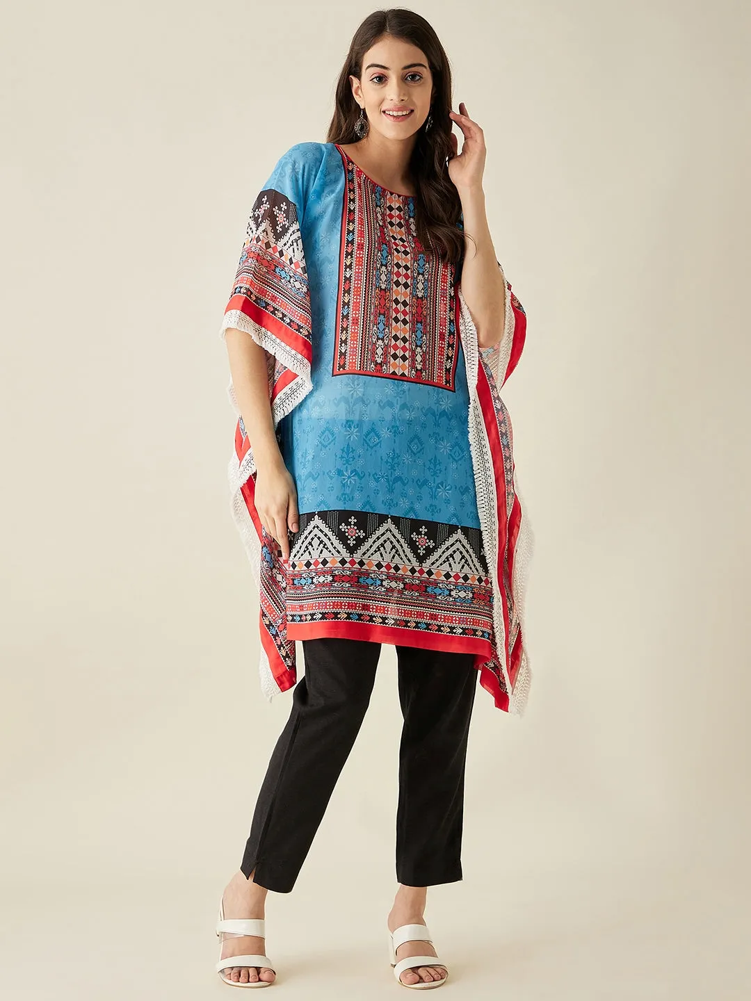 Blue Boho Printed Kaftan Kurta - The Kaftan Company