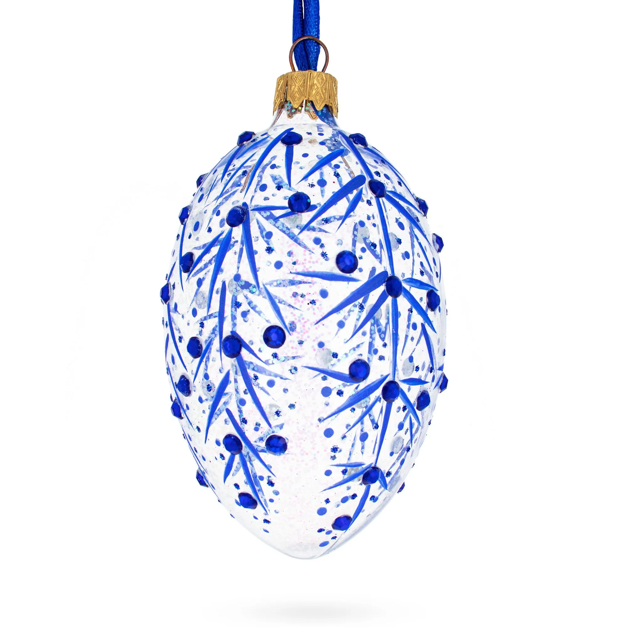 Blue Branches Glass Egg Christmas Ornament 4 Inches