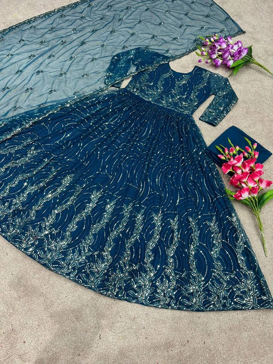 Blue Butterfly Net Embroidery Sequins Gown With Dupatta Set