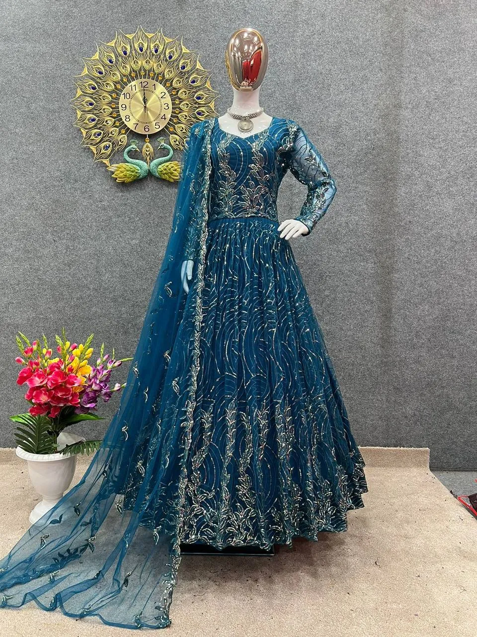 Blue Butterfly Net Embroidery Sequins Gown With Dupatta Set