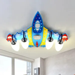 Blue Cartoon Plane Ceiling Light Fixture: Frosted Glass, 4 Lights, Flushmount for Kids Room