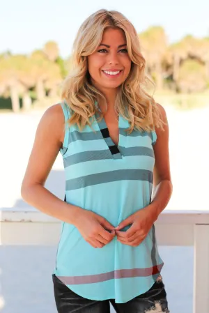 Blue Check Print Sleeveless Top