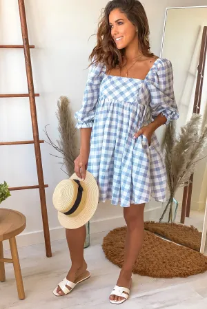 Blue Checkered Short Dress With Puff Sleeves