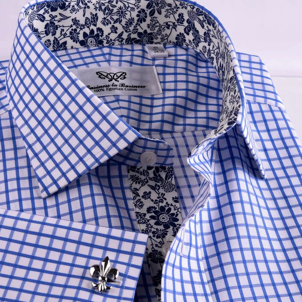 Blue Checks On Twill Formal Business Dress Shirt With Fashion Inner-Lining