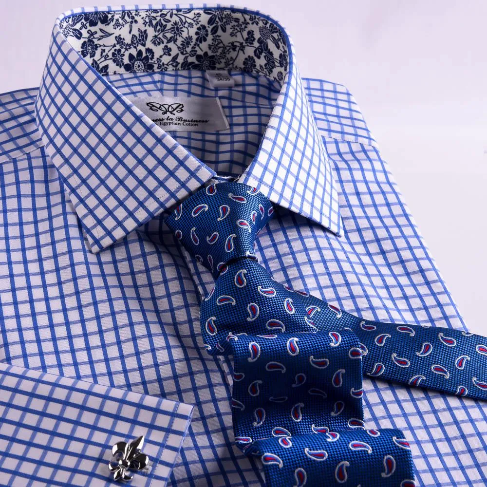 Blue Checks On Twill Formal Business Dress Shirt With Fashion Inner-Lining