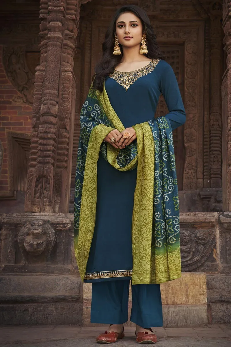 Blue Chiffon Embroidered Festive Palazzo Suit