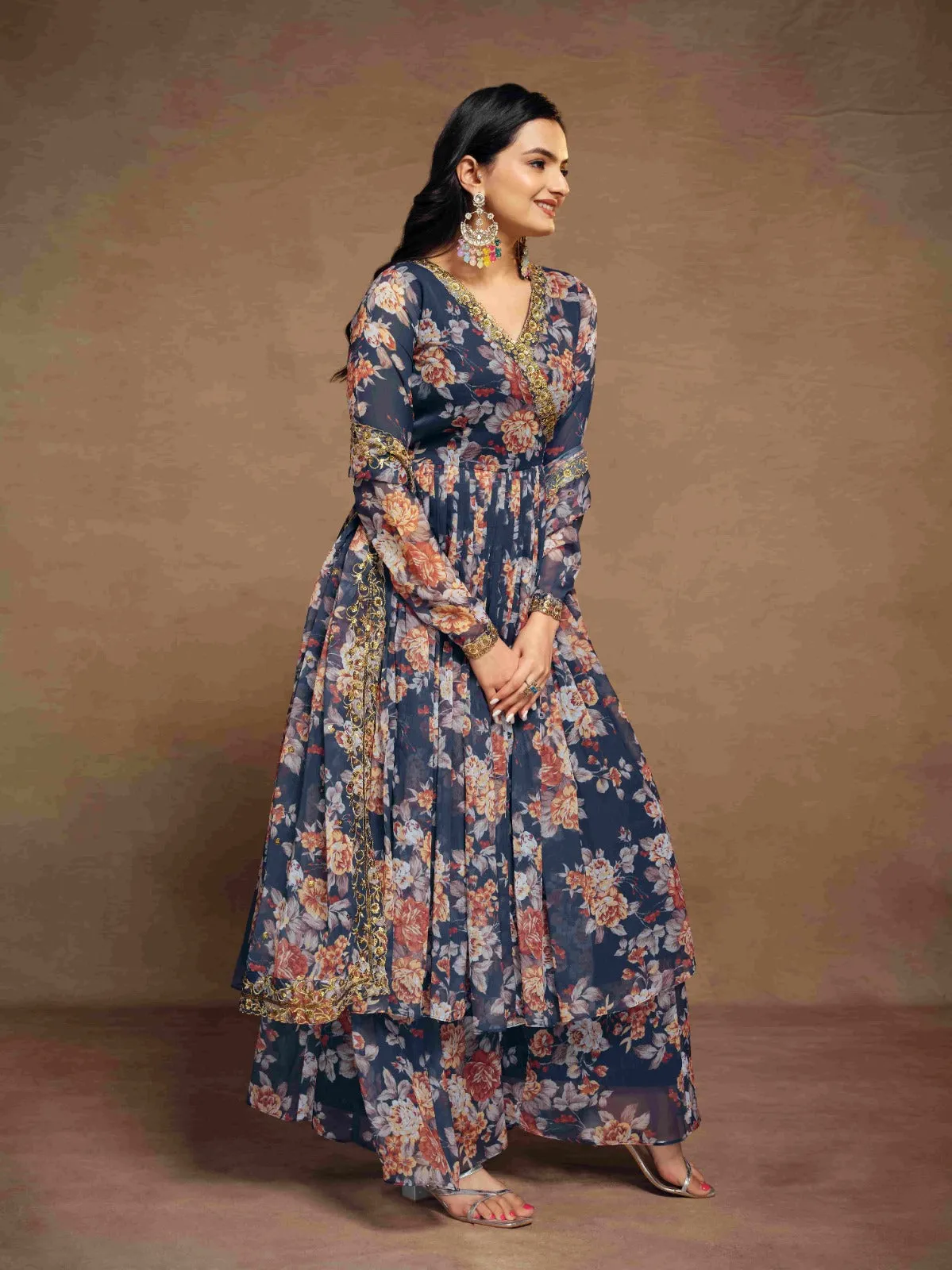 Blue Chiffon Printed Zari Work Sequence Suit with Palazzo and Dupatta