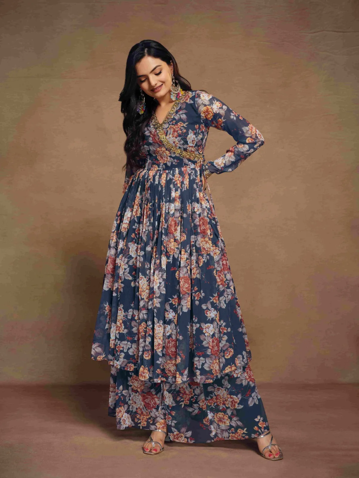 Blue Chiffon Printed Zari Work Sequence Suit with Palazzo and Dupatta