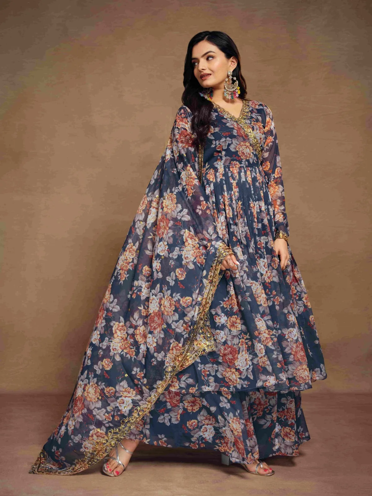 Blue Chiffon Printed Zari Work Sequence Suit with Palazzo and Dupatta