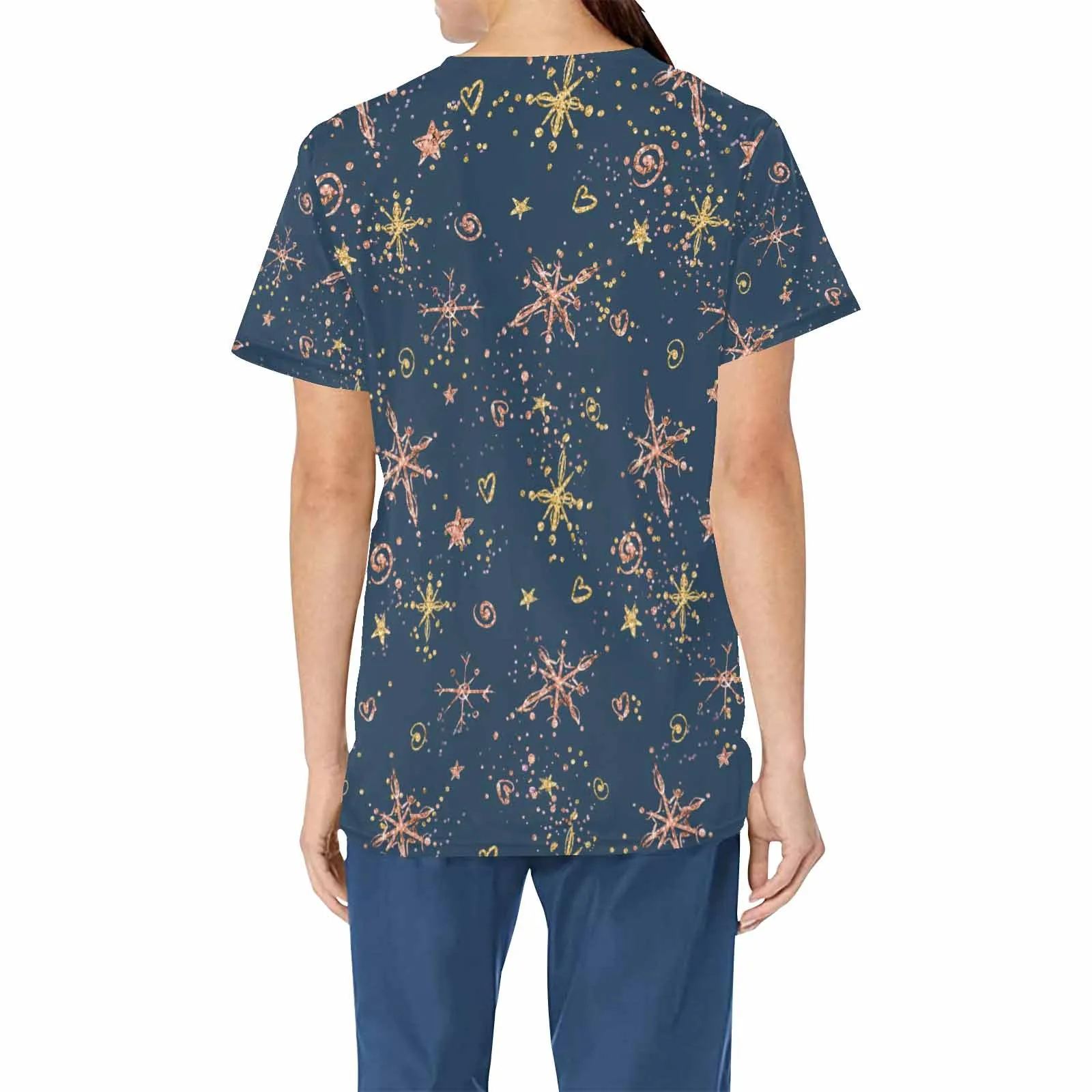 Blue Christmas Stars  Women's V Neck Scrub Top Nurse Uniform with Deep Front Pockets