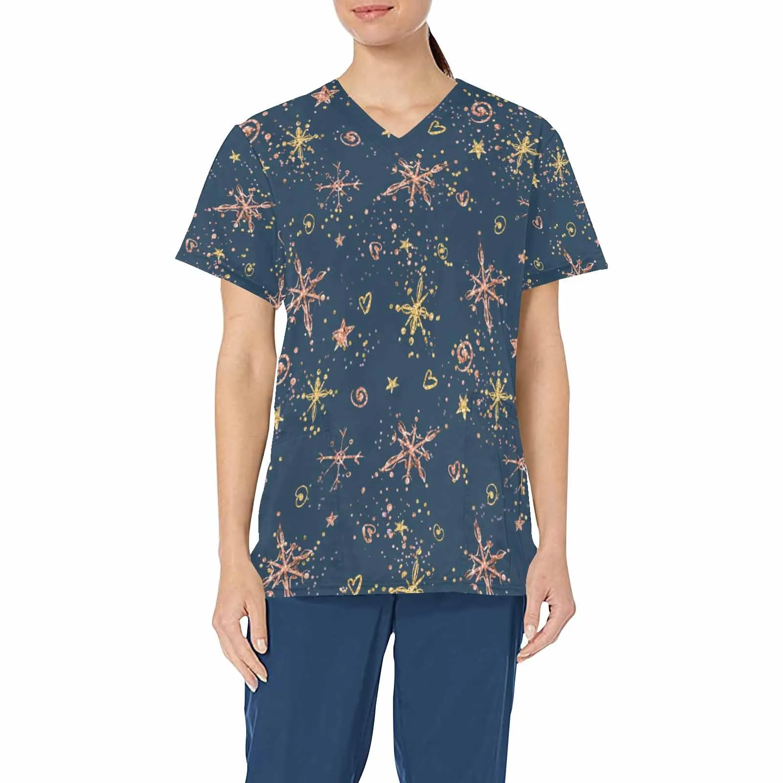 Blue Christmas Stars  Women's V Neck Scrub Top Nurse Uniform with Deep Front Pockets