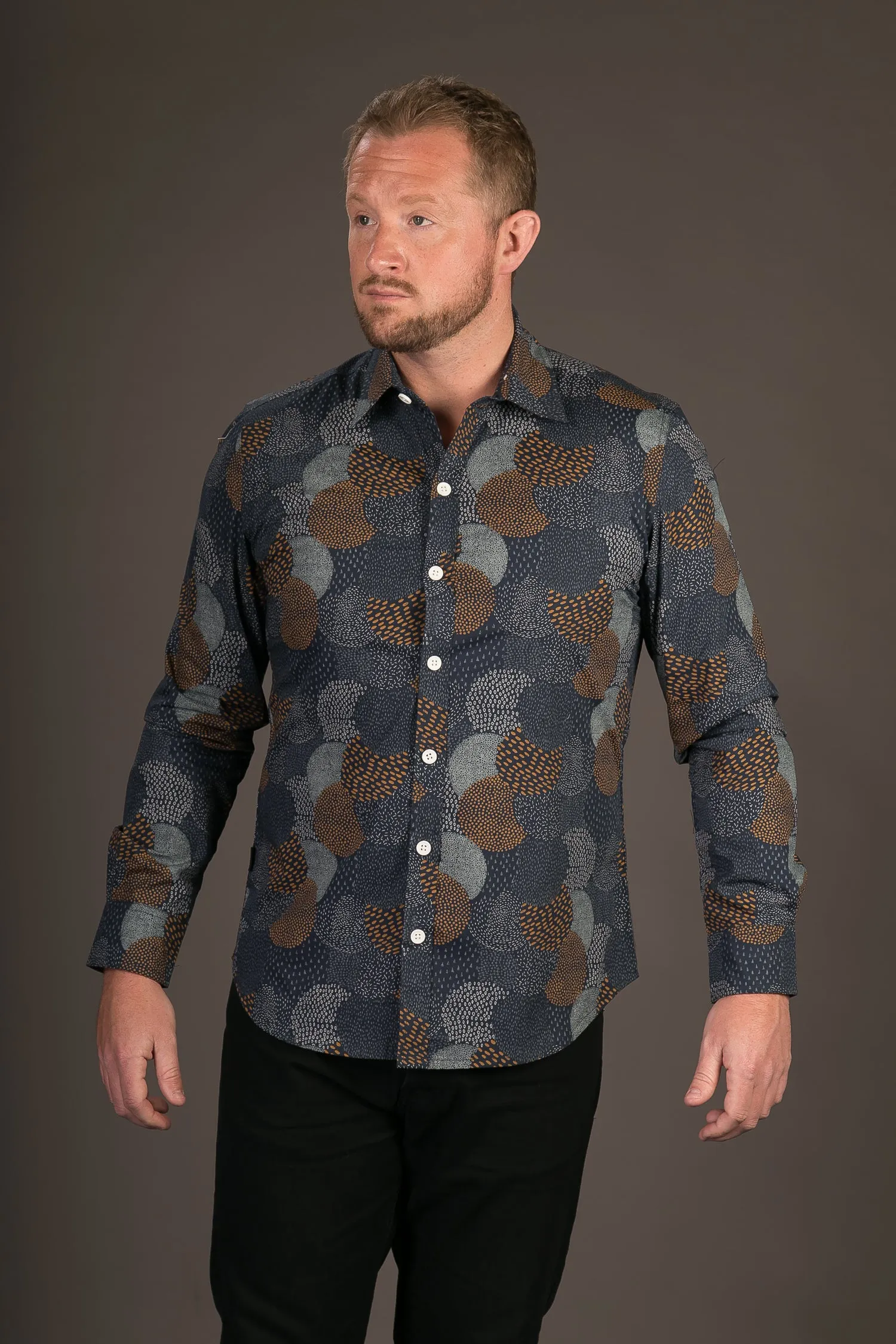 Blue Circular Dots Print Cotton Slim Fit Mens Shirt Long Sleeve