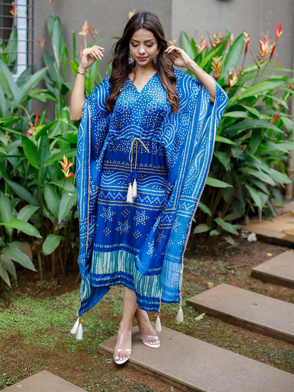 Blue Color Digital Bandhej Printed Pure Gaji Silk Kaftan