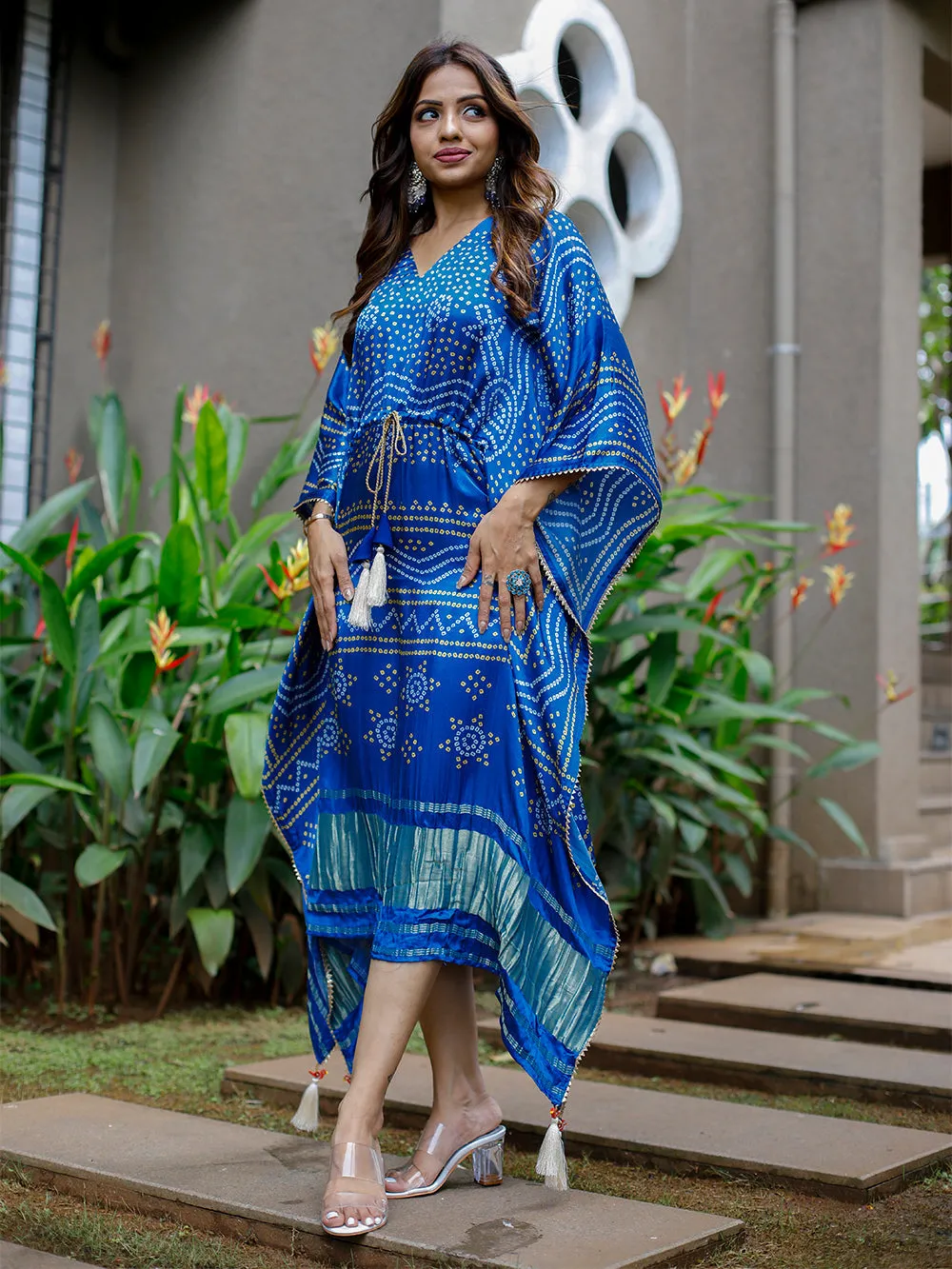 Blue Color Digital Bandhej Printed Pure Gaji Silk Kaftan