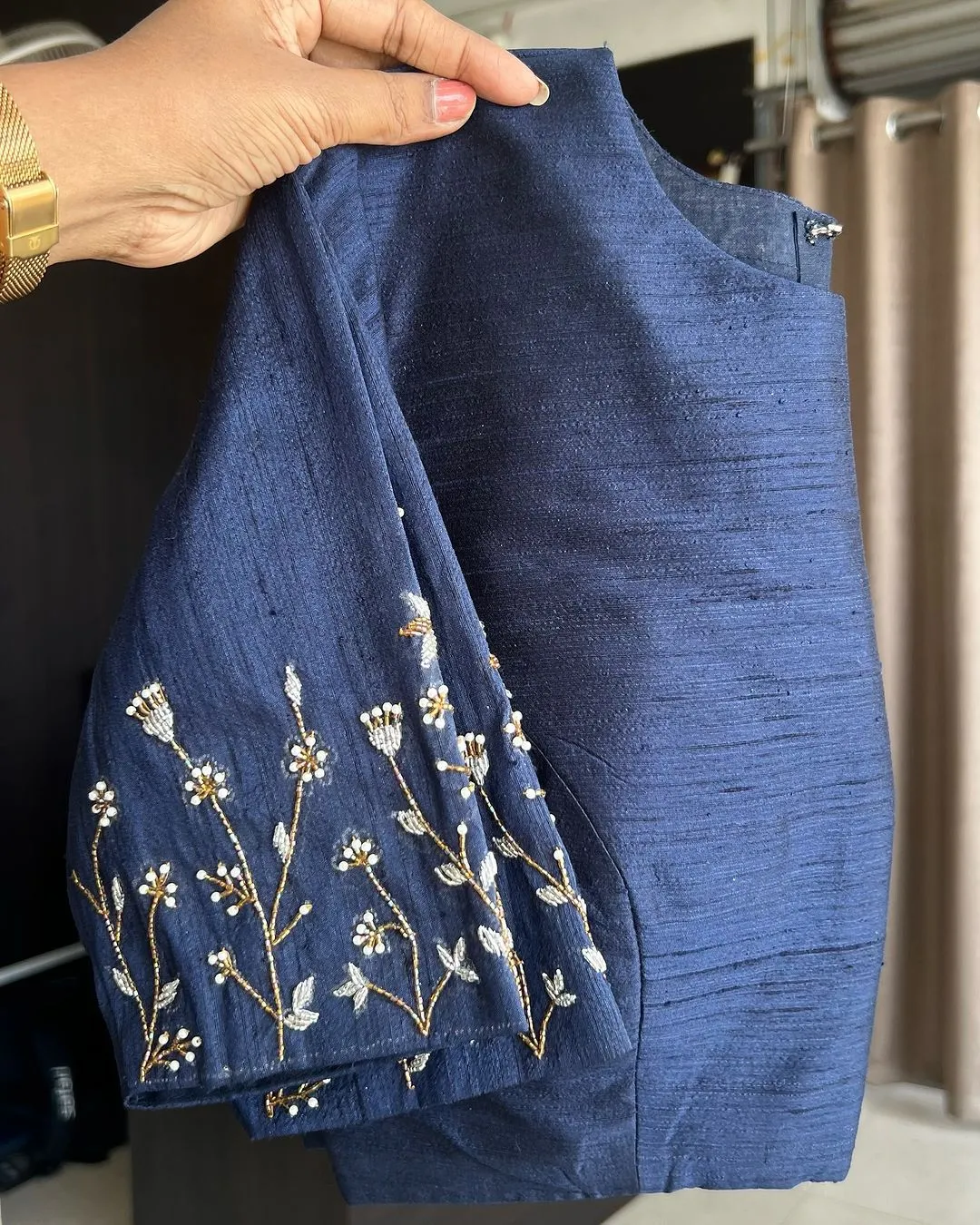 Blue Color Elzara Silk Blouse with Beautiful Handwork on Sleeves