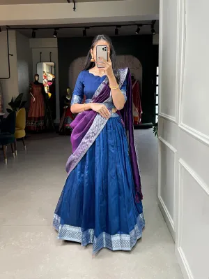 Blue Color Plain And Silver Viscose Chanderi Dupion Silk Semi Stich Half Saree Lehenga Choli