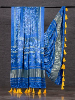 Blue Color Pure Gaji Silk Bandhani Printed Dupatta With Tassels