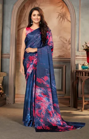 Blue color Satin digital print Saree