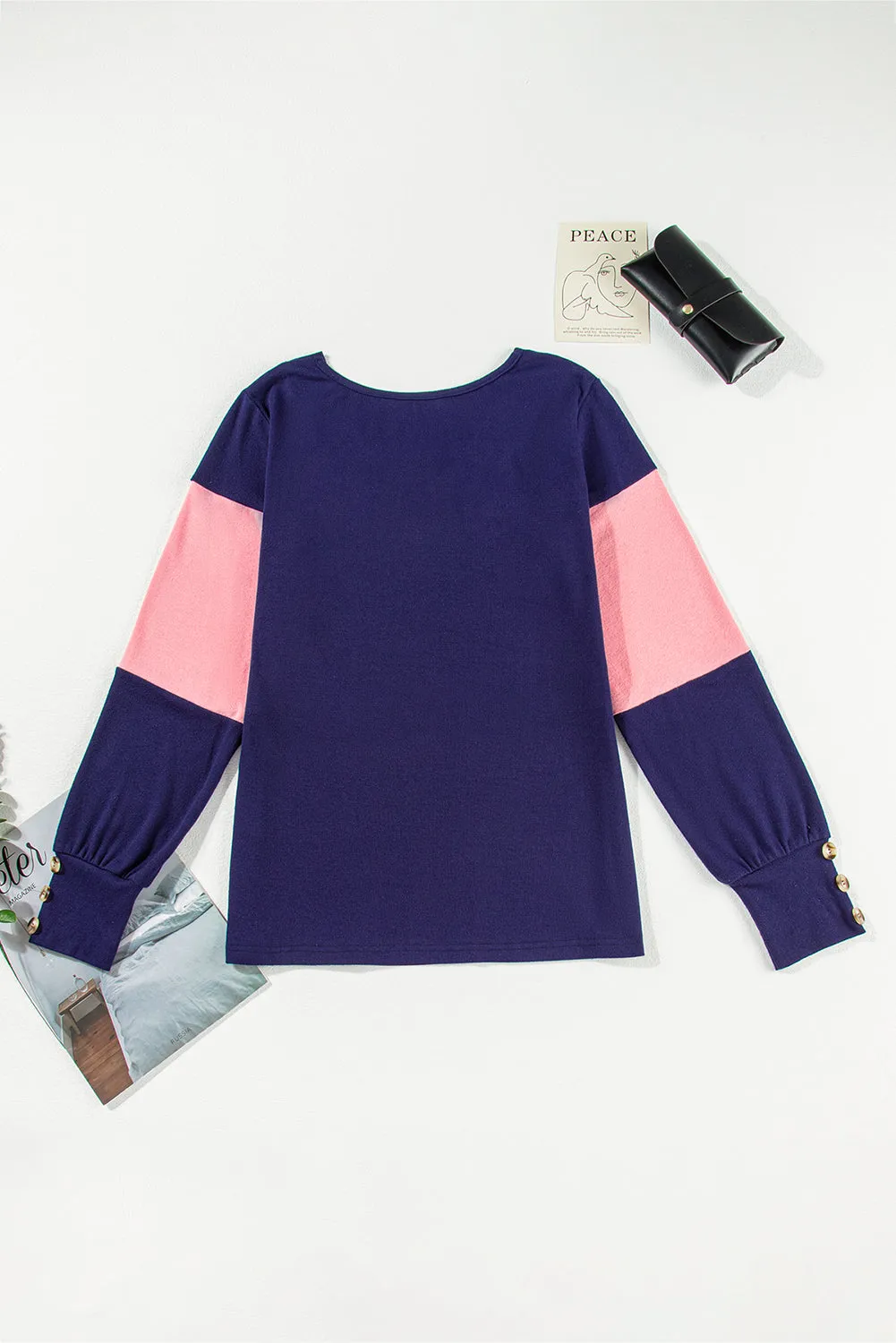 Blue Colorblock Button Decor Cuffs V Neck Top