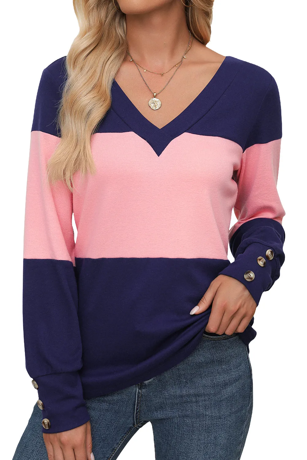 Blue Colorblock Button Decor Cuffs V Neck Top