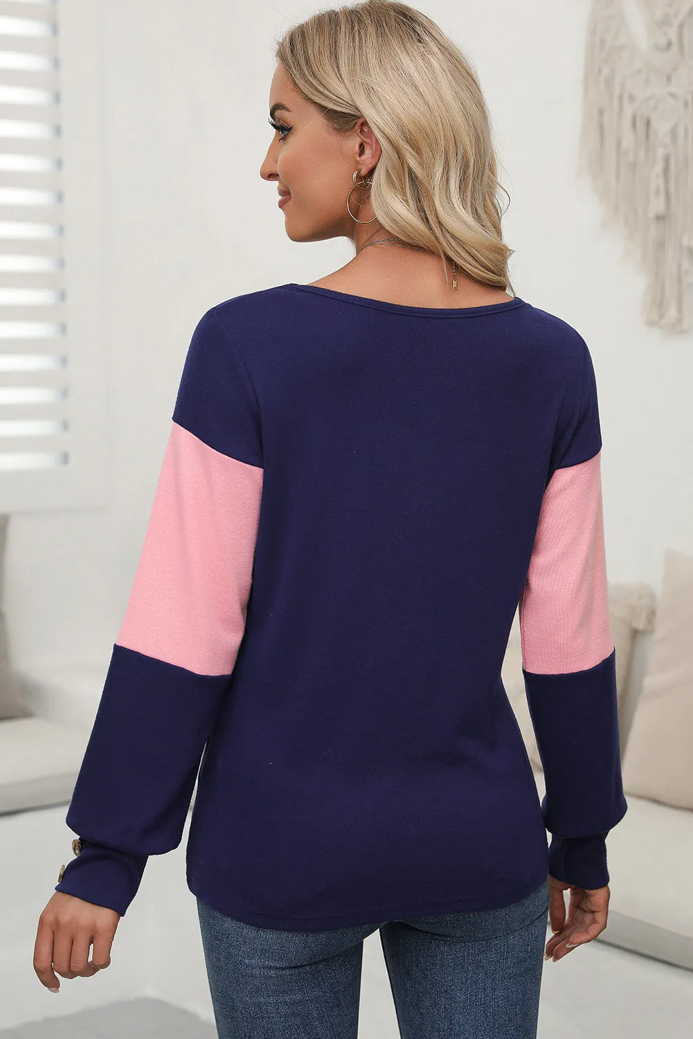 Blue Colorblock Button Decor Cuffs V Neck Top