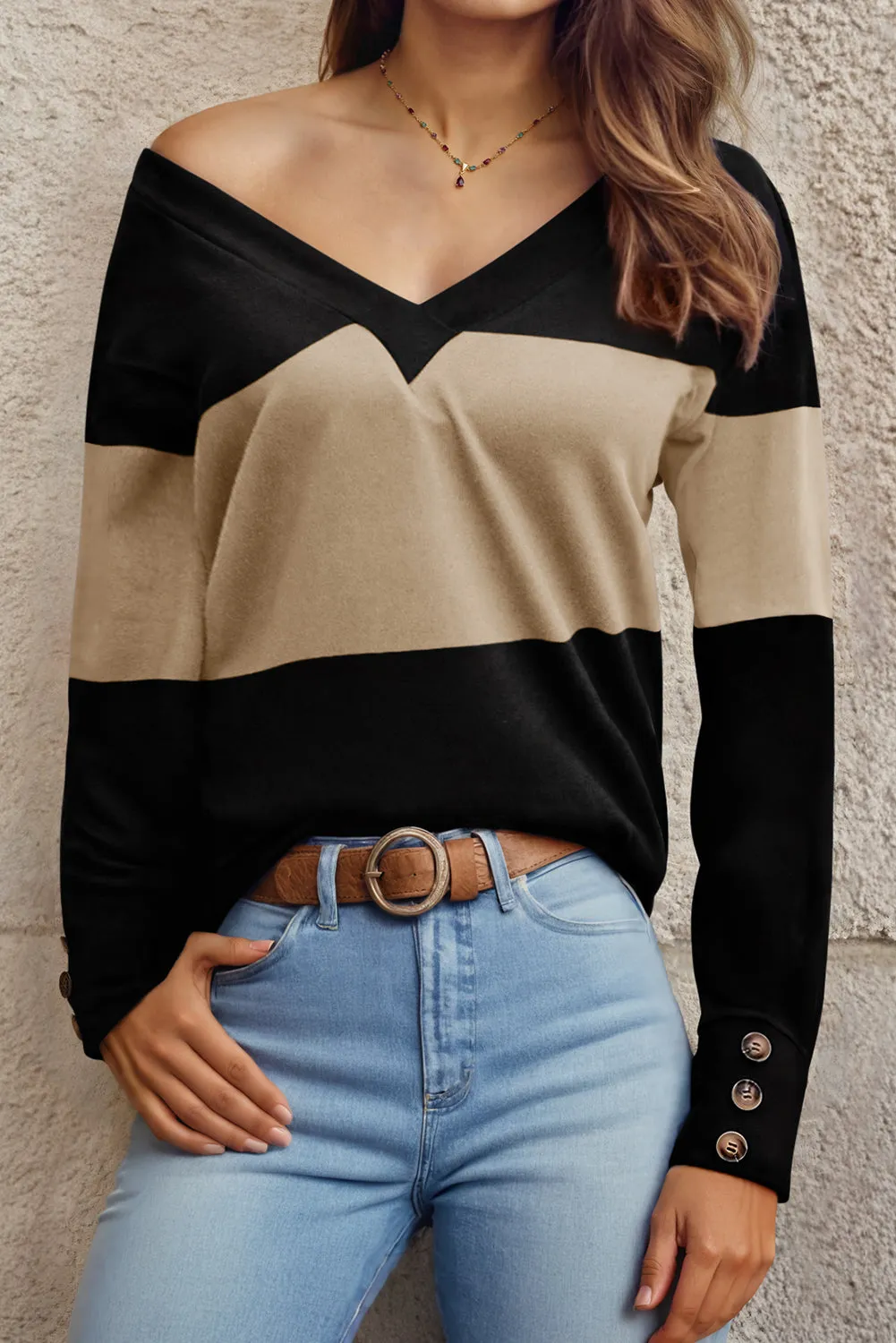 Blue Colorblock Button Decor Cuffs V Neck Top