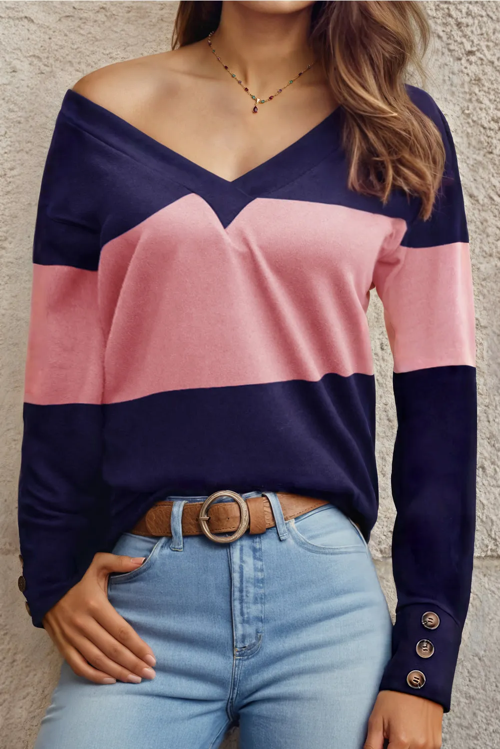 Blue Colorblock Button Decor Cuffs V Neck Top