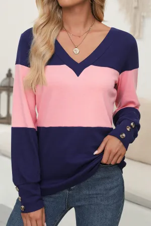 Blue Colorblock Button Decor Cuffs V Neck Top