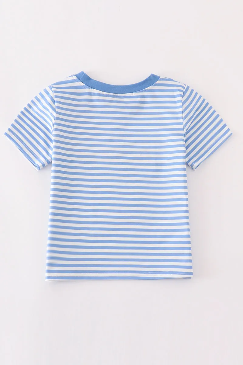 Blue construction trucks embroidery stripe boy top