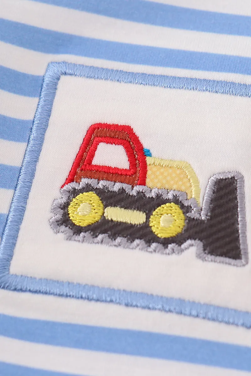 Blue construction trucks embroidery stripe boy top