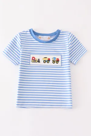 Blue construction trucks embroidery stripe boy top