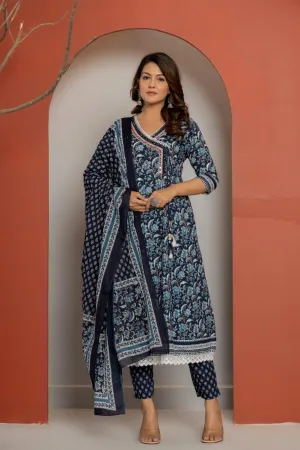 Blue Cotton Angrakha Style Kurti Set with Mirror & Lace Work - Indian Formal Wear