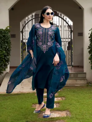 Blue Cotton Blend Embroidered Suit Set with Printed Organza Dupatta