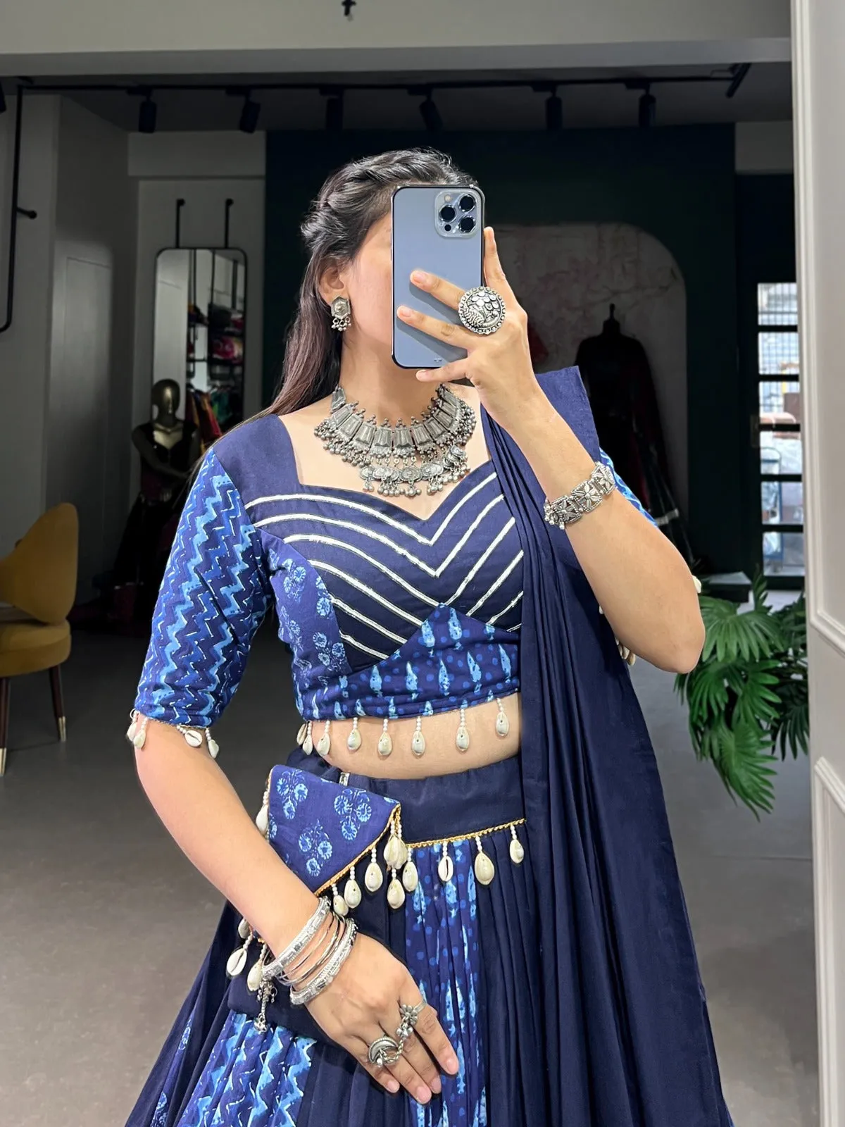 Blue Cotton Chaniya Choli with Cowrie Shell Detail