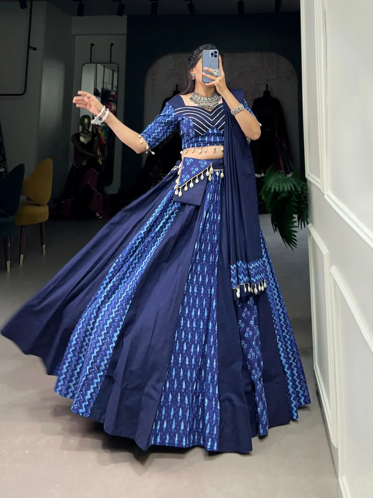 Blue Cotton Chaniya Choli with Cowrie Shell Detail